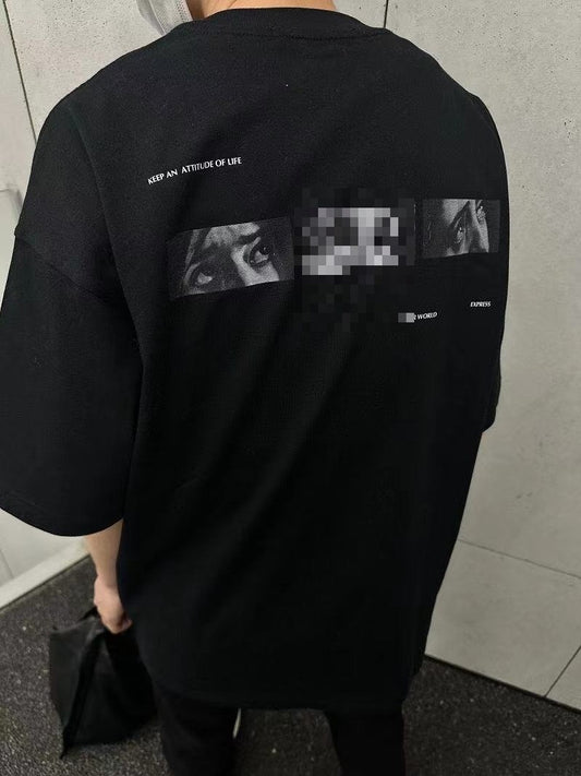 Men's Black Artistic Eyes Print T-Shirt, Loose Fit Crew Neck Short Sleeve S-XL