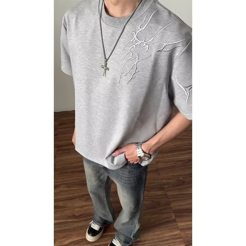 Men’s Gray Embossed Texture Graphic T-Shirt, Loose Fit Summer Casual Crew Neck Top, S-XL Streetwear Style