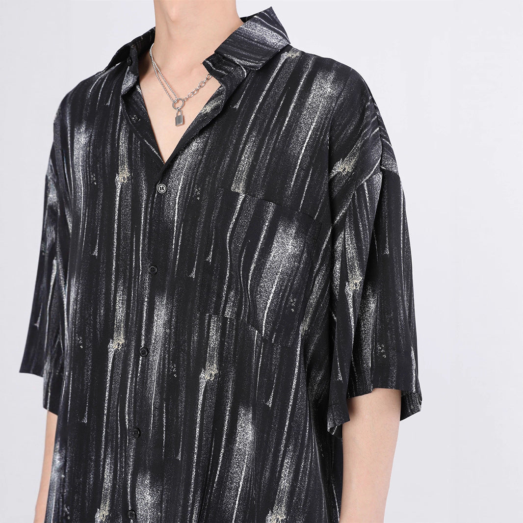 Men’s Black Brush-Stripe Print Short Sleeve Shirt, Loose Street Style Casual Button-Up S-XL