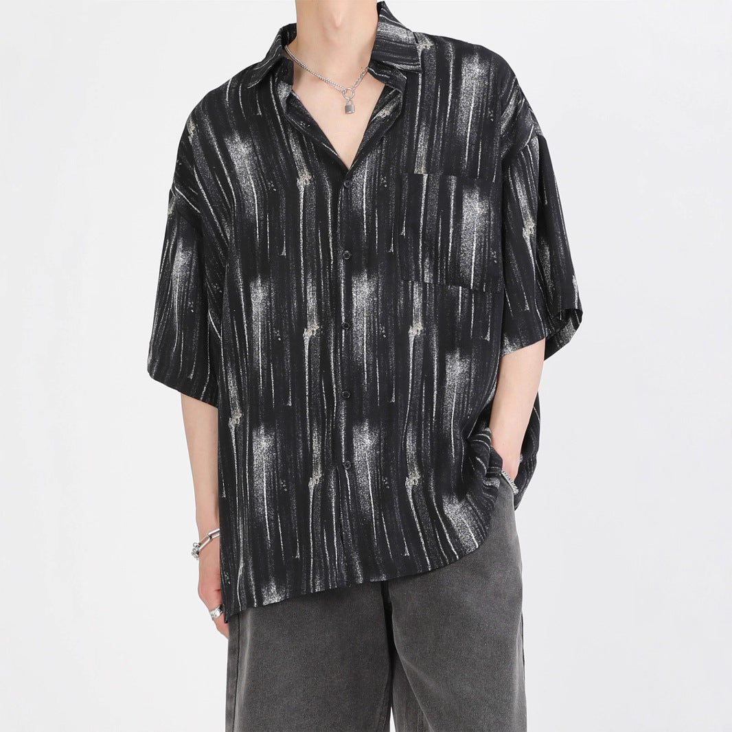 Men’s Black Brush-Stripe Print Short Sleeve Shirt, Loose Street Style Casual Button-Up S-XL
