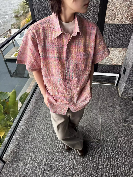 Men's Multi-Color Plaid Short Sleeve Shirt S-XL | Loose Fit Summer Breathable Button-Up Casual Top