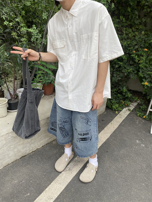 Men's Casual White Short Sleeve Shirt S-XL | Loose Fit Summer Button-Up with Dual Chest Pockets