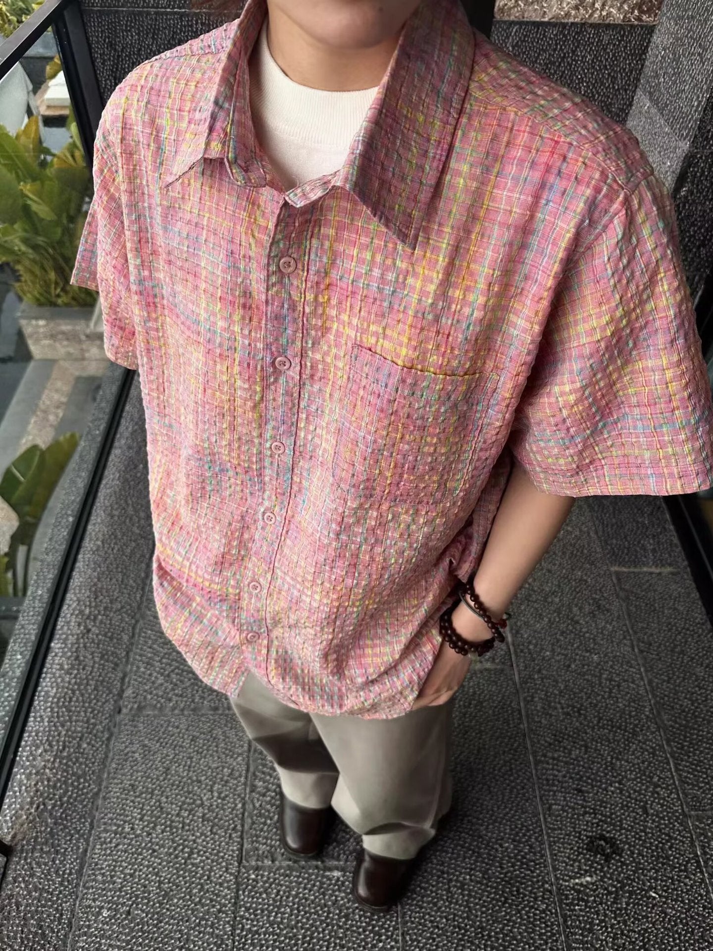 Men's Multi-Color Plaid Short Sleeve Shirt S-XL | Loose Fit Summer Breathable Button-Up Casual Top