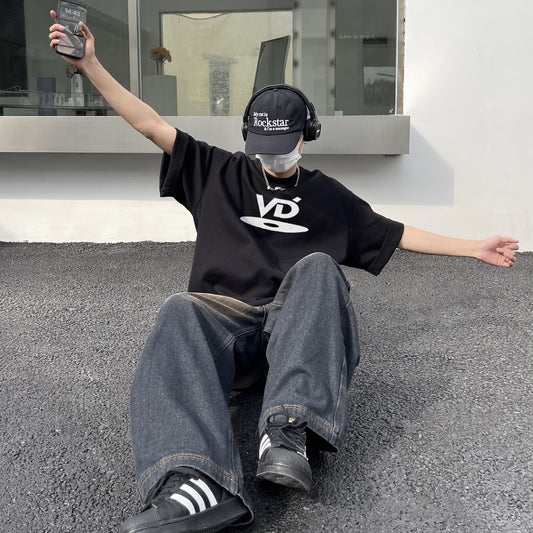 Men's Black Graphic Print Crew Neck Short Sleeve T-Shirt, Loose Casual Fit S-XL