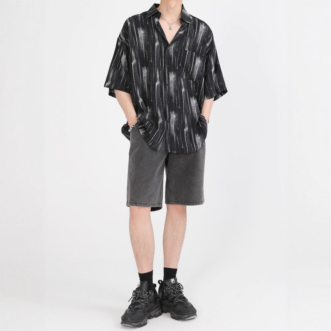 Men’s Black Brush-Stripe Print Short Sleeve Shirt, Loose Street Style Casual Button-Up S-XL