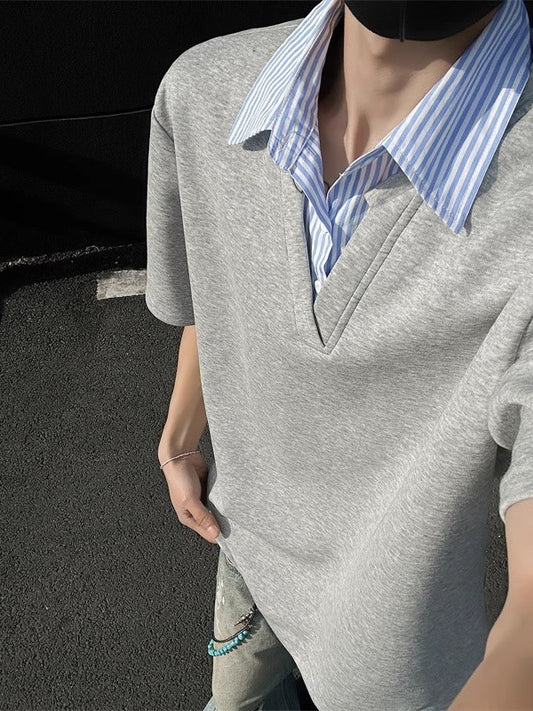 Men's Loose Fit Short Sleeve T-Shirt with Contrast Collar, Preppy V-Neck Striped Design, Grey, Size S-XL