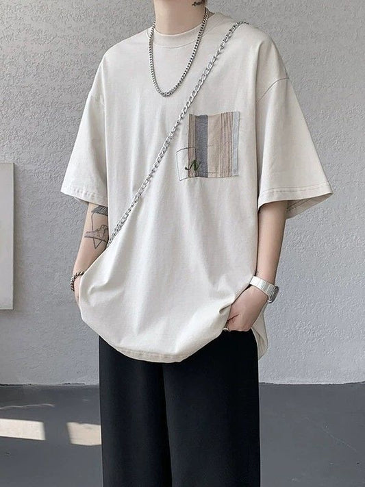 Men's Minimalist Loose Fit Color-Block Pocket T-Shirt, Casual Crew Neck Short Sleeve S-XL