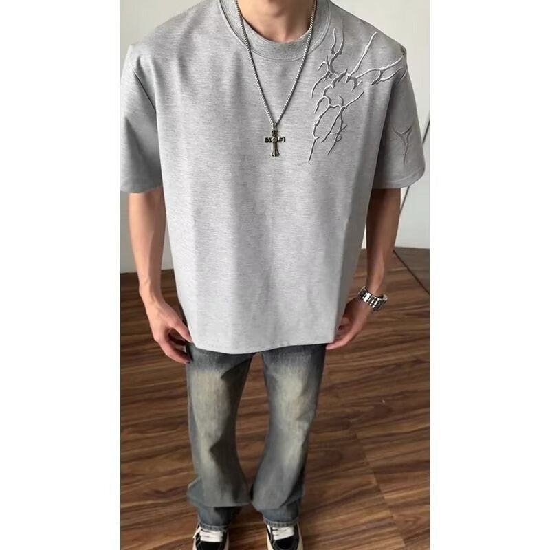 Men’s Gray Embossed Texture Graphic T-Shirt, Loose Fit Summer Casual Crew Neck Top, S-XL Streetwear Style