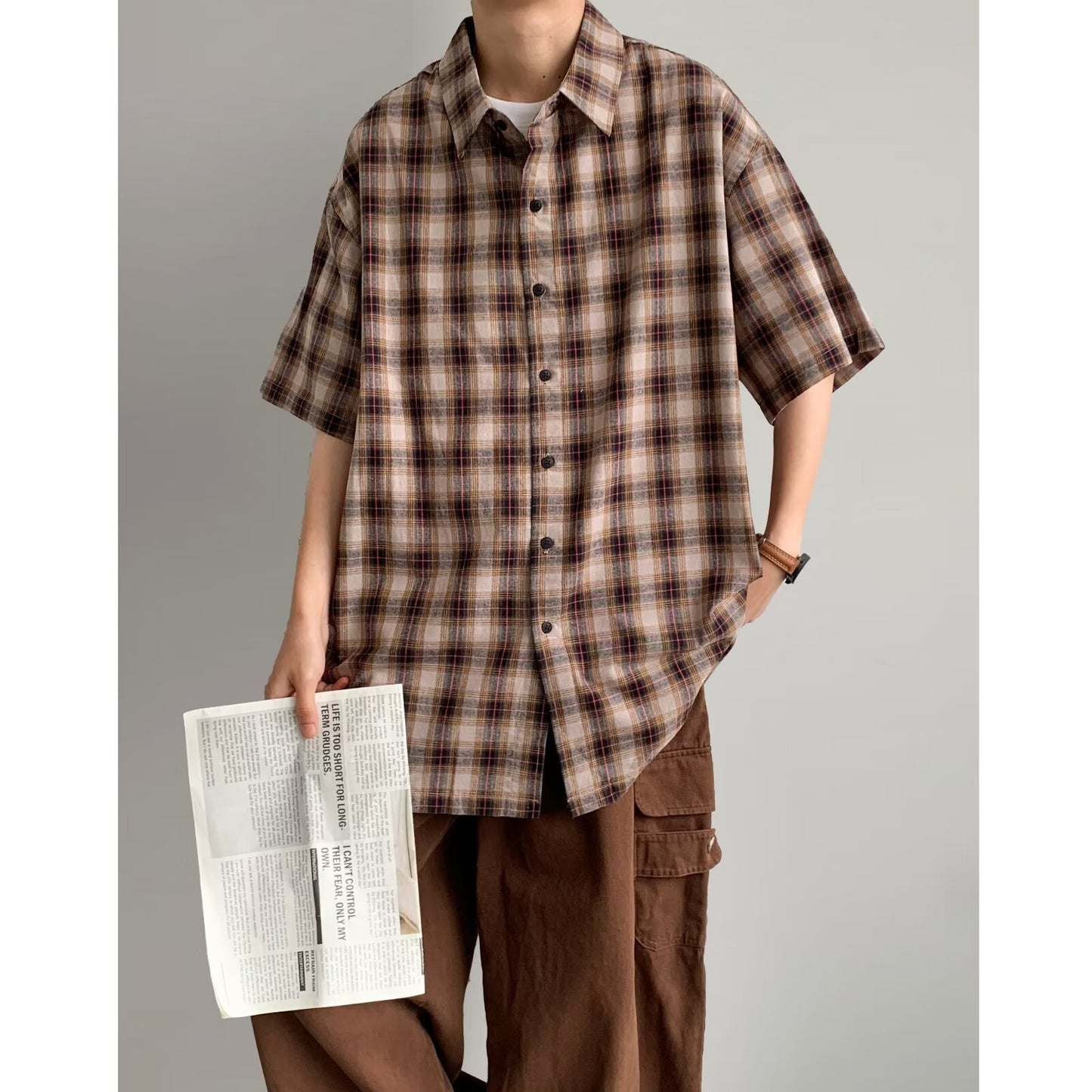 Vintage Loose-Fit Plaid Short Sleeve Shirt for Men, Casual Button-Up S-XL