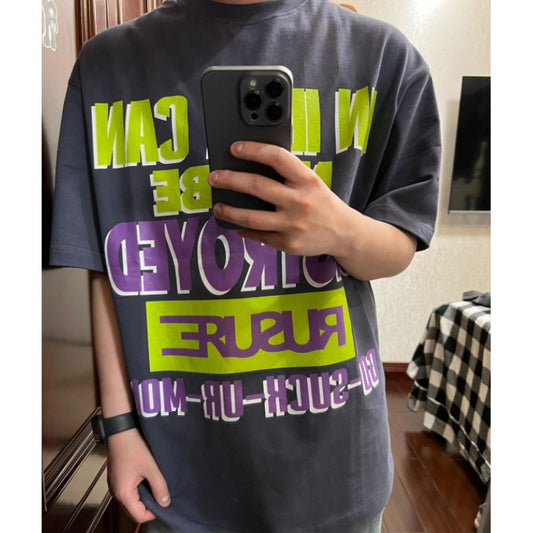 Men's Dark Gray Letter Print Crew Neck Short Sleeve T-Shirt, Loose Streetwear Style S-XL