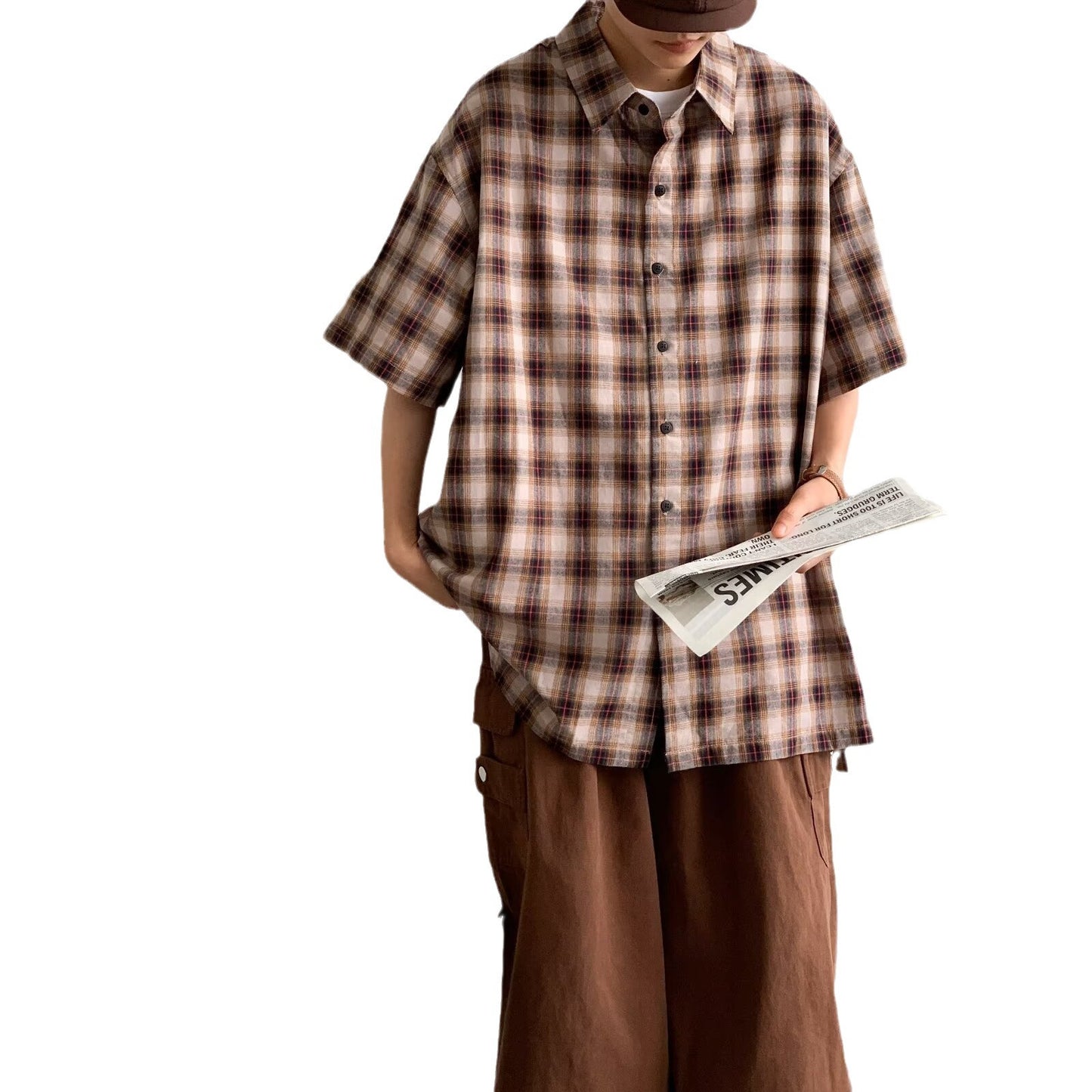 Vintage Loose-Fit Plaid Short Sleeve Shirt for Men, Casual Button-Up S-XL