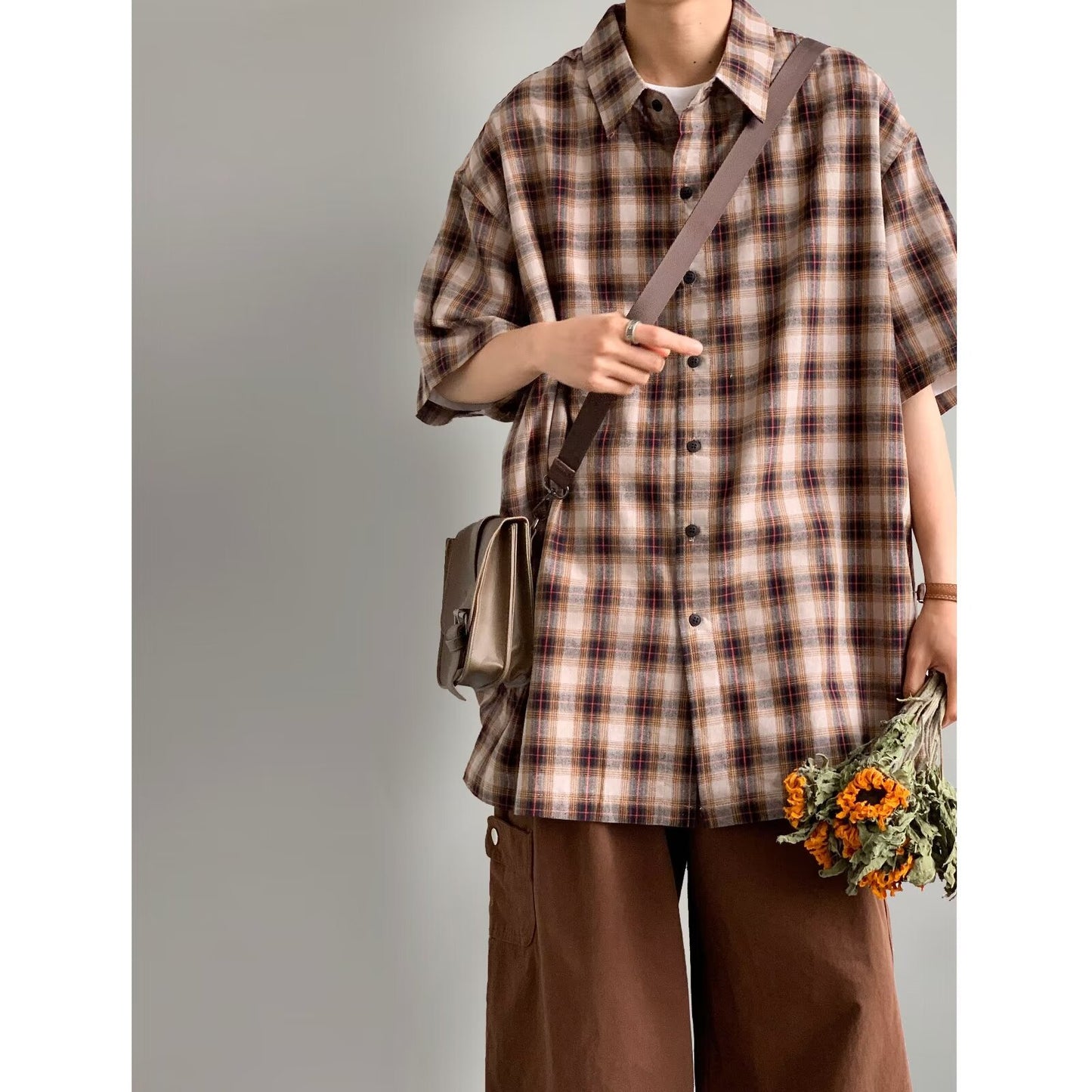 Vintage Loose-Fit Plaid Short Sleeve Shirt for Men, Casual Button-Up S-XL