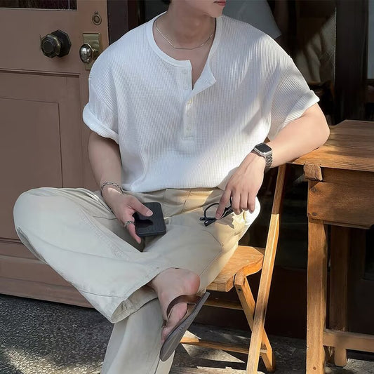 Men’s White Henley Short Sleeve T-Shirt, Casual Loose Knit Breathable Summer Top, S-XL