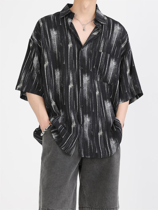 Men’s Black Brush-Stripe Print Short Sleeve Shirt, Loose Street Style Casual Button-Up S-XL