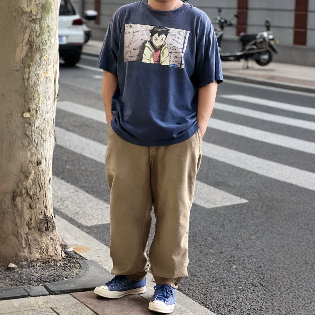 Men's Vintage Anime Graphic Loose Fit T-Shirt, Casual Crew Neck Short Sleeve Streetwear Top S-XL