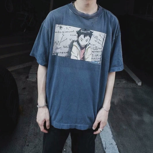 Men's Vintage Anime Graphic Loose Fit T-Shirt, Casual Crew Neck Short Sleeve Streetwear Top S-XL