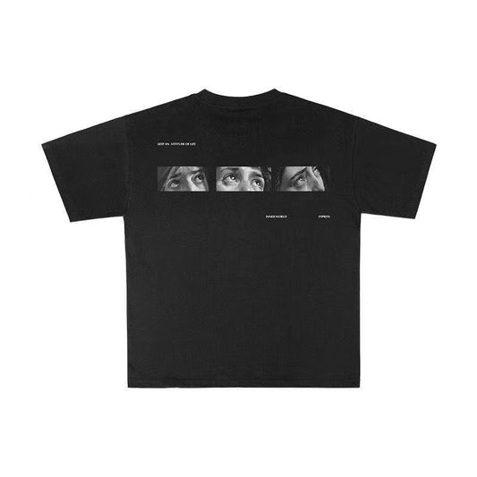 Men's Black Artistic Eyes Print T-Shirt, Loose Fit Crew Neck Short Sleeve S-XL