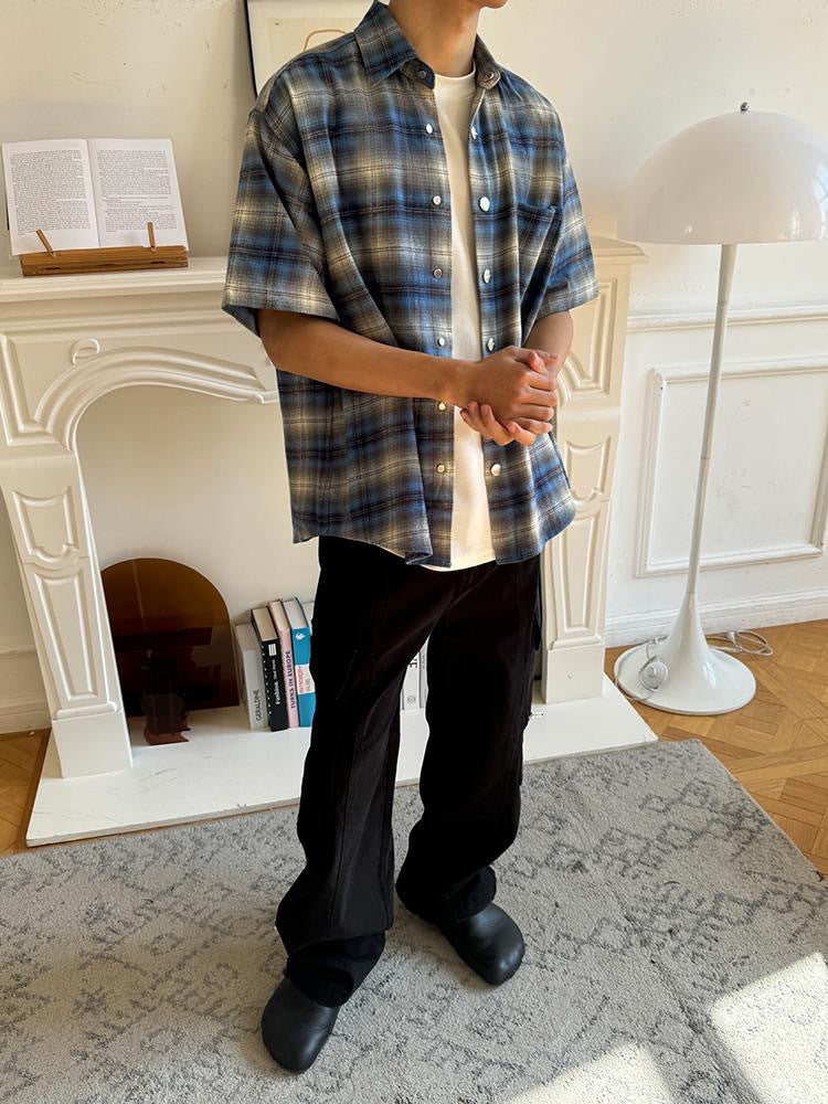Men’s Blue & Black Plaid Short Sleeve Shirt, Casual Loose Fit Summer Button-Down Top with Turn-Down Collar, S-XL