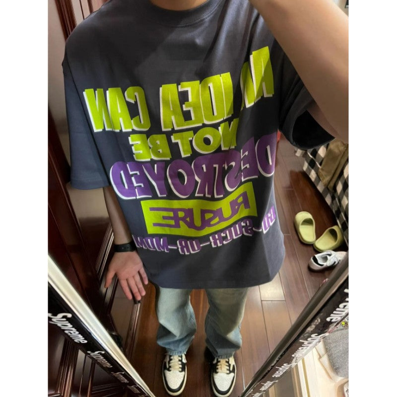 Men's Dark Gray Letter Print Crew Neck Short Sleeve T-Shirt, Loose Streetwear Style S-XL