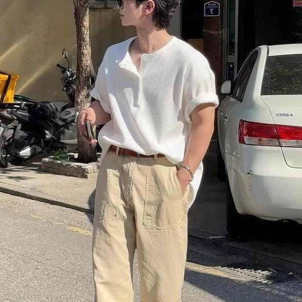 Men’s White Henley Short Sleeve T-Shirt, Casual Loose Knit Breathable Summer Top, S-XL