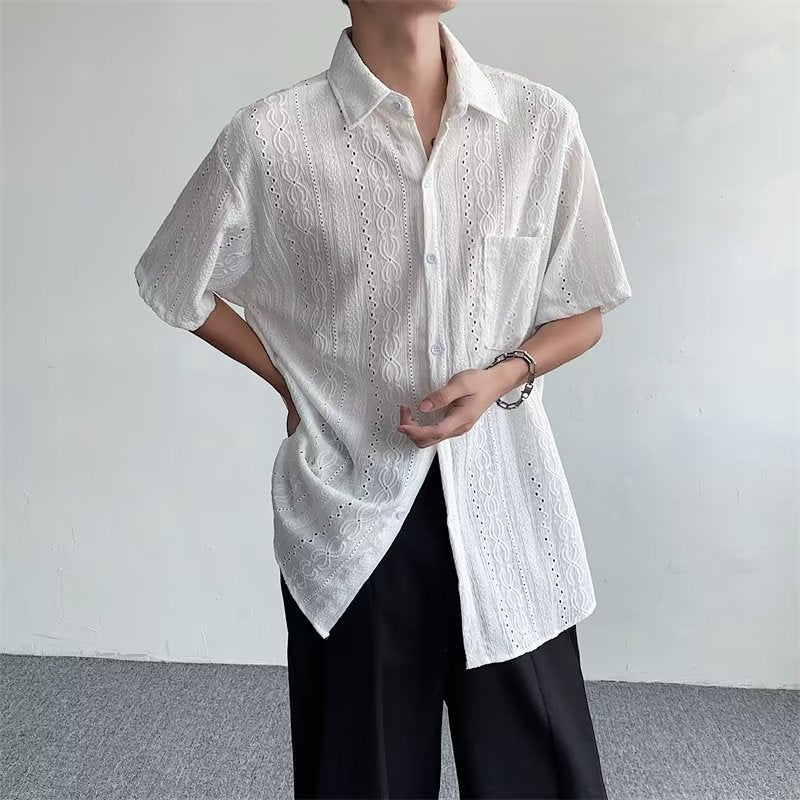 Men’s White Hollow-Out Short Sleeve Shirt, Loose & Breathable Summer Casual Vacation Shirt S-XL