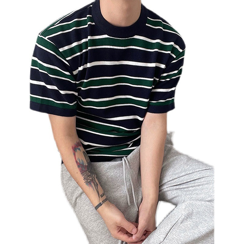Men's Navy, Green & White Striped Crew Neck Knitted T-Shirt, Casual Everyday Wear S-XL