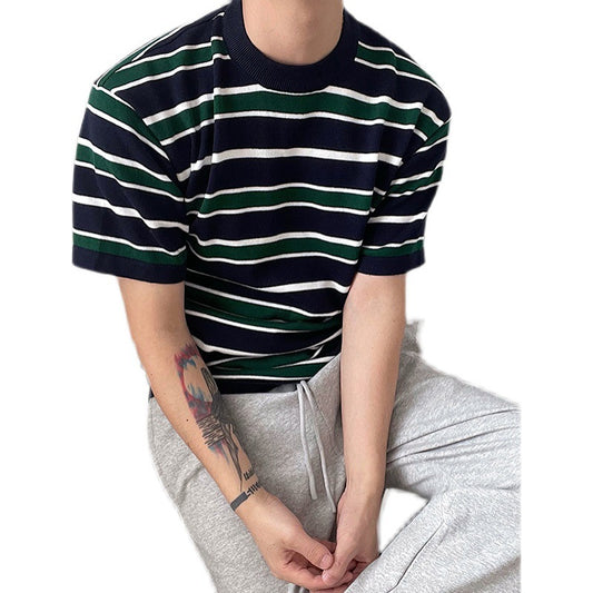 Men's Navy, Green & White Striped Crew Neck Knitted T-Shirt, Casual Everyday Wear S-XL