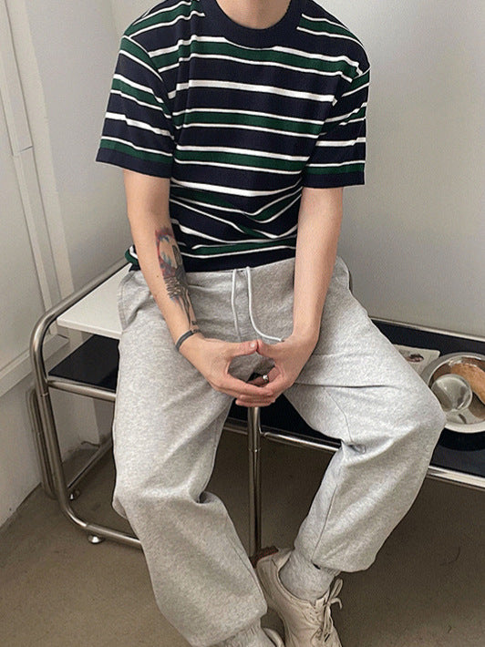 Men's Navy, Green & White Striped Crew Neck Knitted T-Shirt, Casual Everyday Wear S-XL