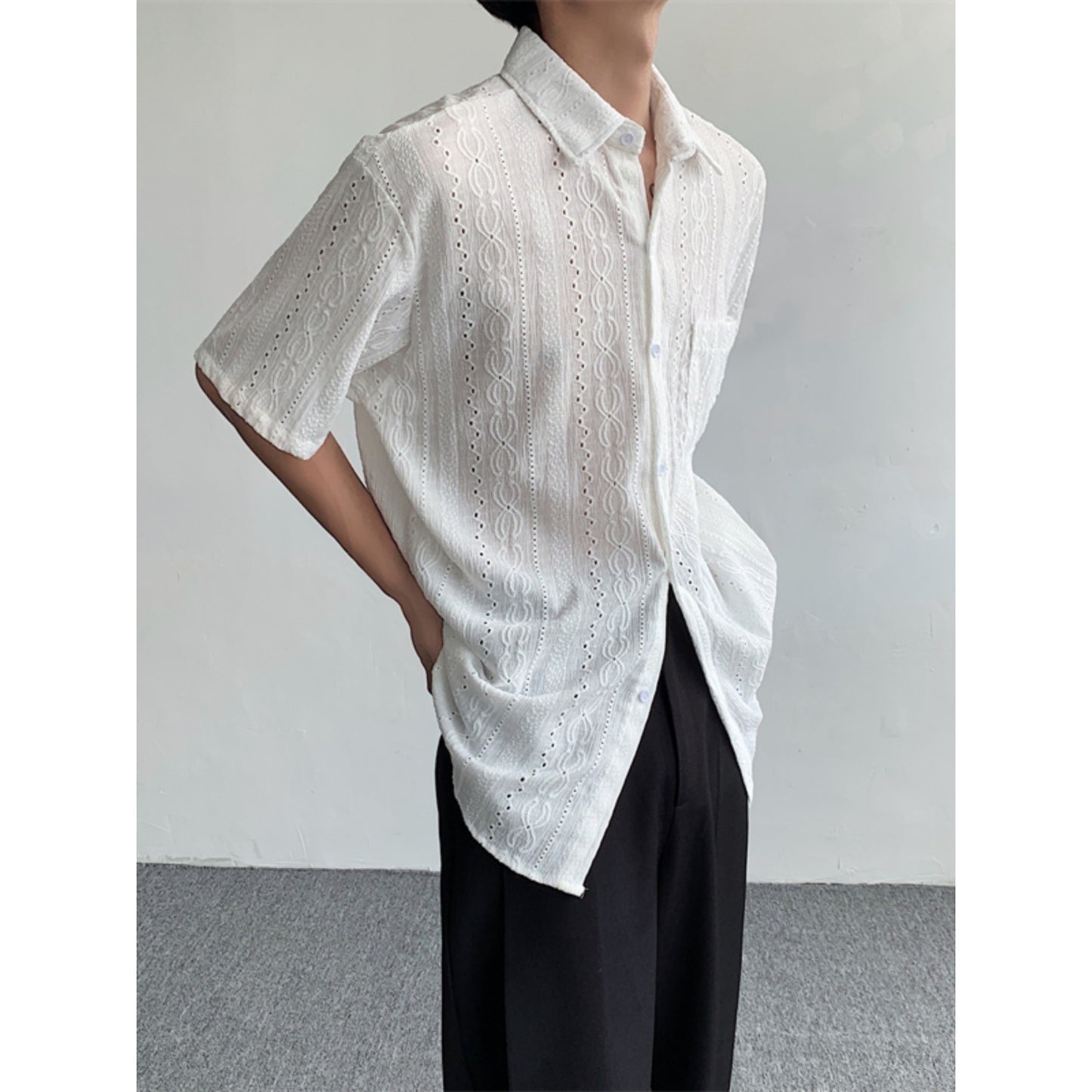 Men’s White Hollow-Out Short Sleeve Shirt, Loose & Breathable Summer Casual Vacation Shirt S-XL