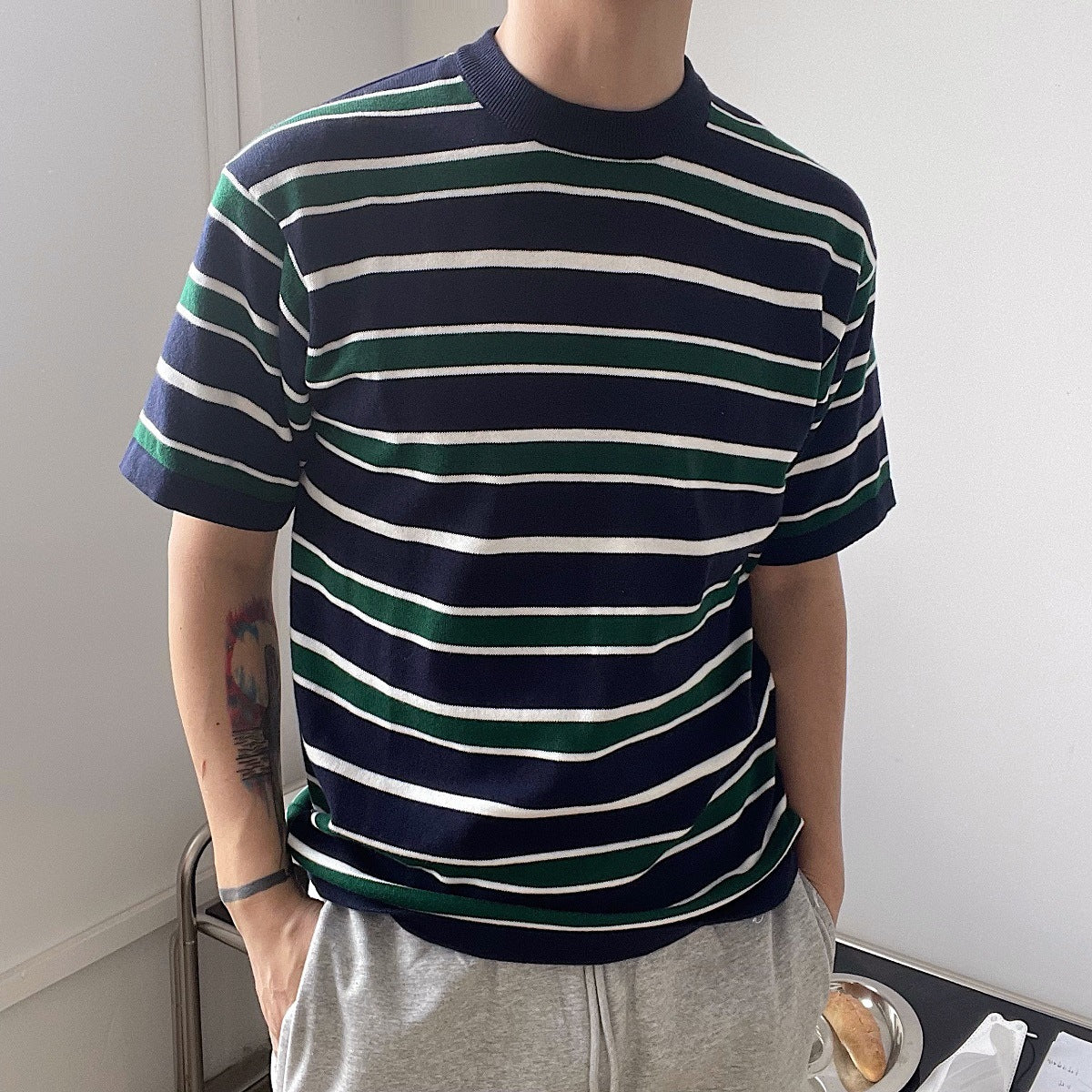 Men's Navy, Green & White Striped Crew Neck Knitted T-Shirt, Casual Everyday Wear S-XL