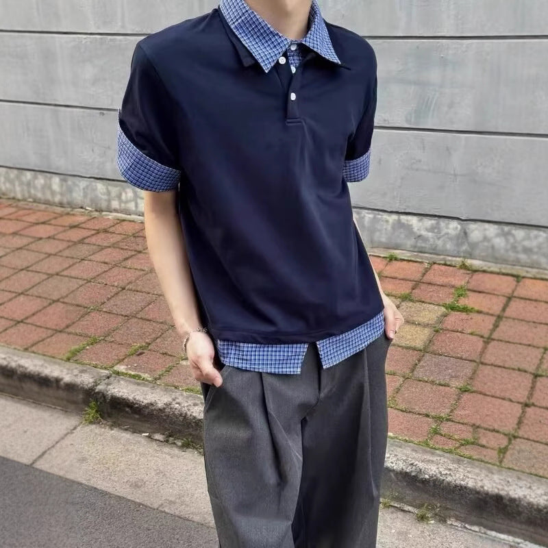Men’s Short Sleeve Polo Shirt with Plaid Collar and Cuff Patchwork, Casual Style S-XL