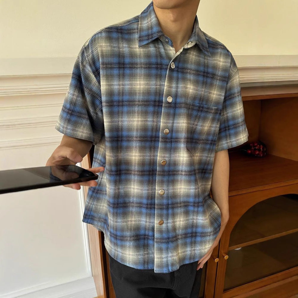 Men’s Blue & Black Plaid Short Sleeve Shirt, Casual Loose Fit Summer Button-Down Top with Turn-Down Collar, S-XL