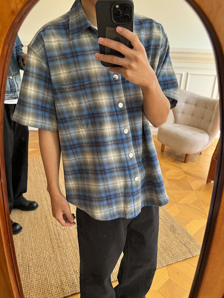 Men’s Blue & Black Plaid Short Sleeve Shirt, Casual Loose Fit Summer Button-Down Top with Turn-Down Collar, S-XL