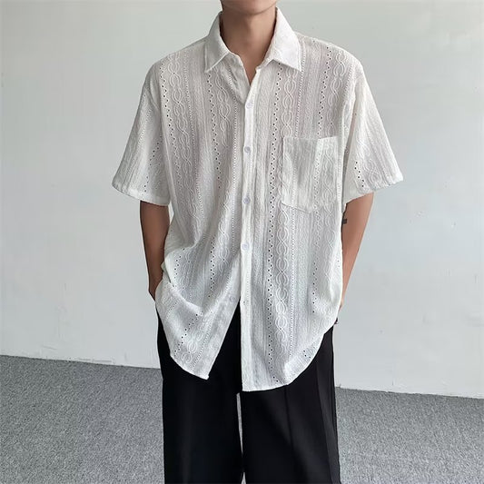Men’s White Hollow-Out Short Sleeve Shirt, Loose & Breathable Summer Casual Vacation Shirt S-XL