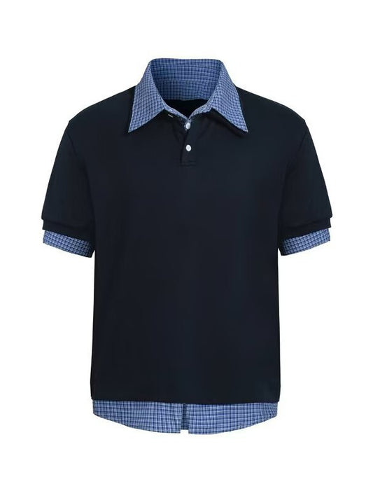 Men’s Short Sleeve Polo Shirt with Plaid Collar and Cuff Patchwork, Casual Style S-XL