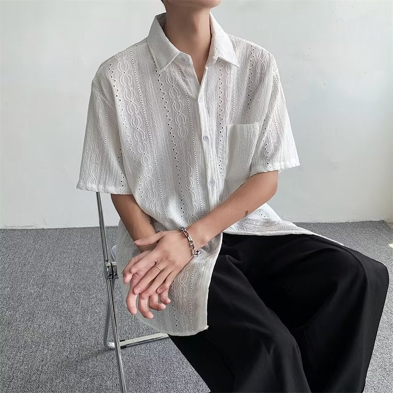 Men’s White Hollow-Out Short Sleeve Shirt, Loose & Breathable Summer Casual Vacation Shirt S-XL