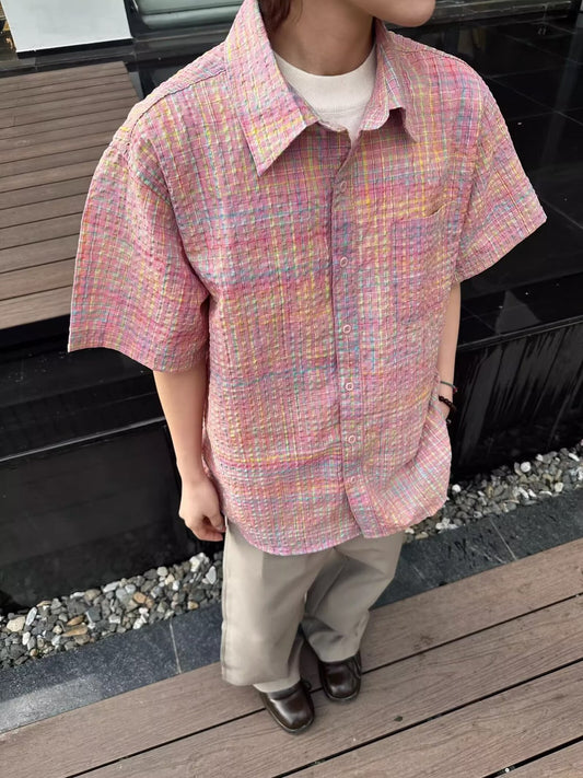 Men's Multi-Color Plaid Short Sleeve Shirt S-XL | Loose Fit Summer Breathable Button-Up Casual Top