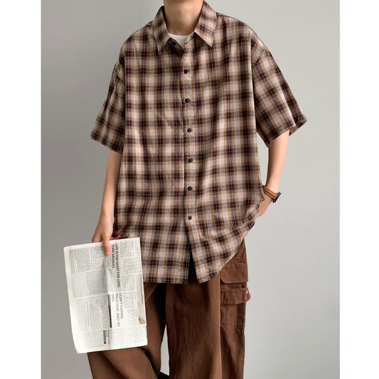 Vintage Loose-Fit Plaid Short Sleeve Shirt for Men, Casual Button-Up S-XL