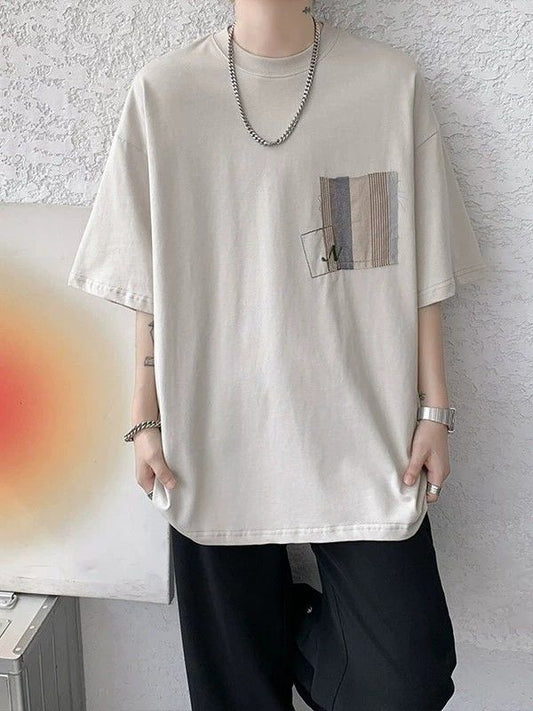 Men's Minimalist Loose Fit Color-Block Pocket T-Shirt, Casual Crew Neck Short Sleeve S-XL