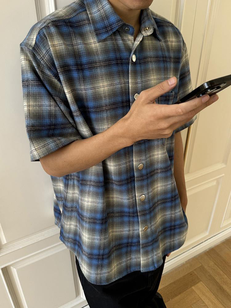 Men’s Blue & Black Plaid Short Sleeve Shirt, Casual Loose Fit Summer Button-Down Top with Turn-Down Collar, S-XL