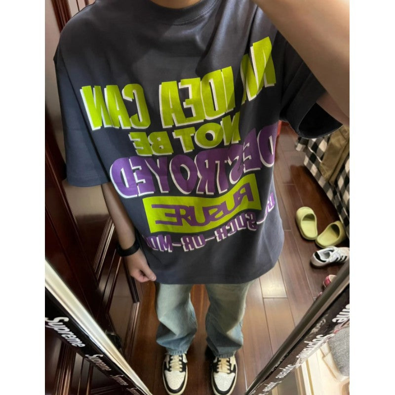 Men's Dark Gray Letter Print Crew Neck Short Sleeve T-Shirt, Loose Streetwear Style S-XL