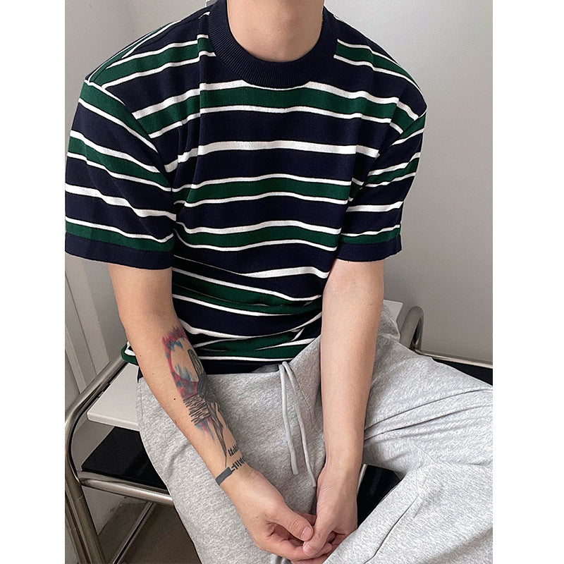 Men's Navy, Green & White Striped Crew Neck Knitted T-Shirt, Casual Everyday Wear S-XL